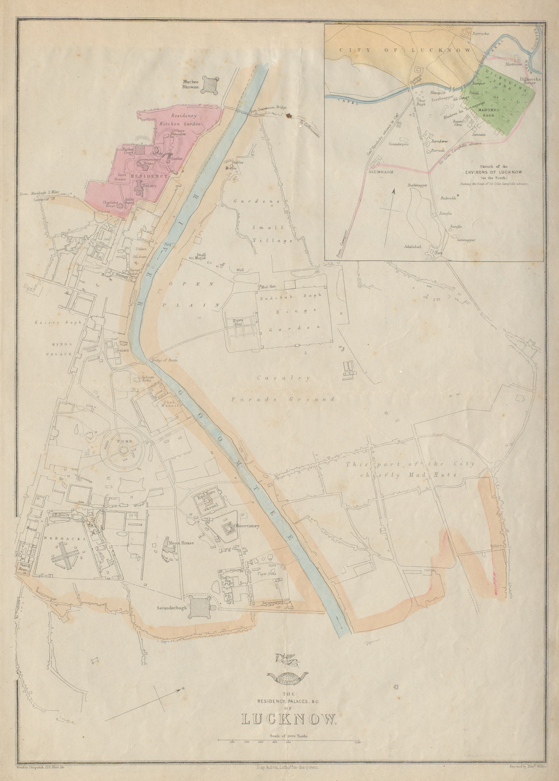 LUCKNOW RESIDENCY & PALACES. Town plan.Shows Campbell's Advance.WELLER 1862 map